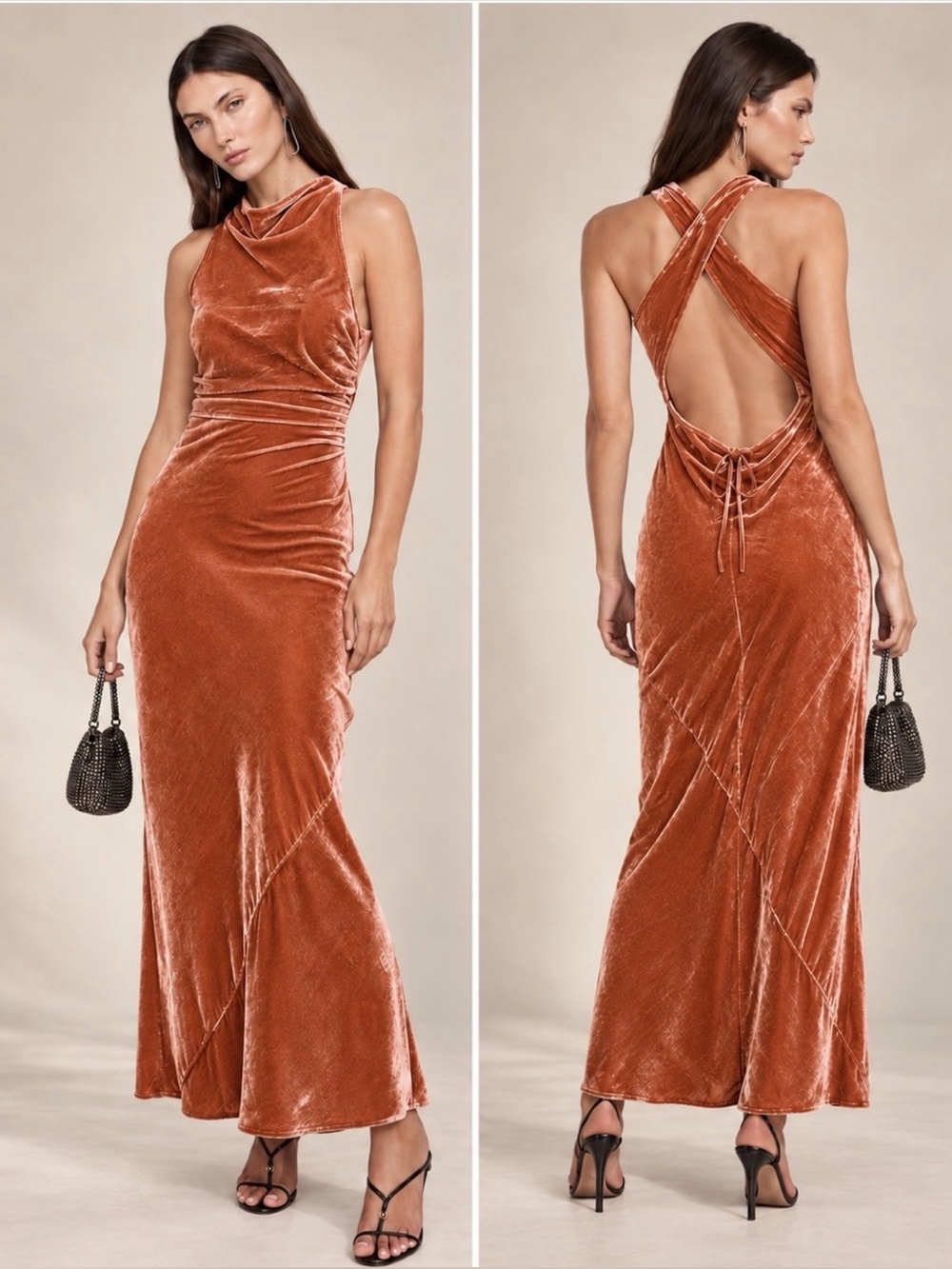 Banana Republic Luxe Velvet Cowl Neck Backless Maxi Gown Terracotta 10 BNWT